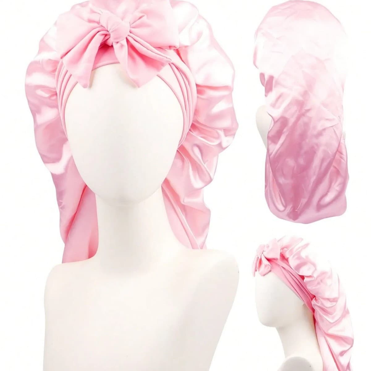 Cross-border bow ribbon nightcap imitation silk high elastic long tail nightcap beauty hair salon hair care wide-brimmed nightcap 2