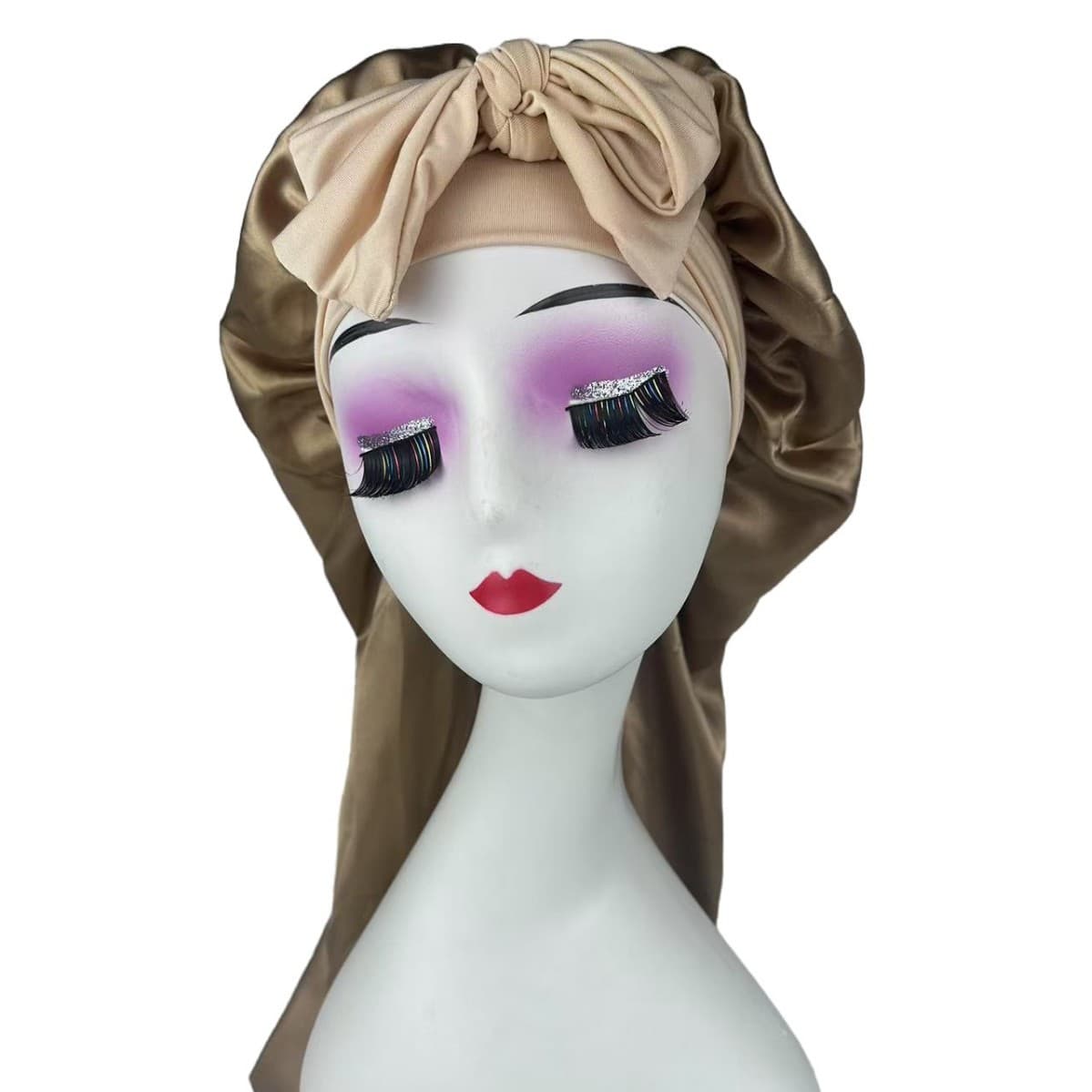 Cross-border bow ribbon nightcap imitation silk high elastic long tail nightcap beauty hair salon hair care wide-brimmed nightcap 4