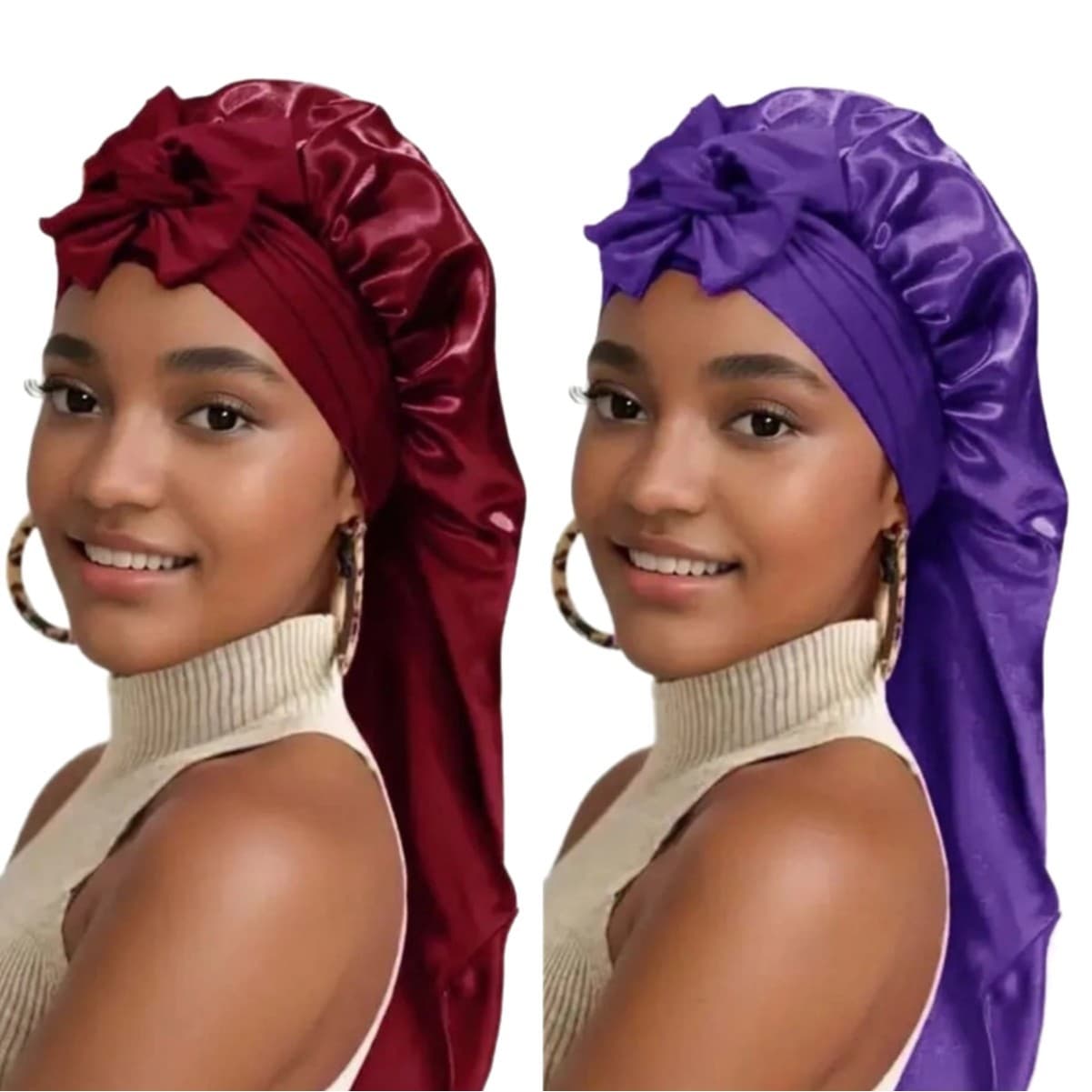 Cross-border bow ribbon nightcap imitation silk high elastic long tail nightcap beauty hair salon hair care wide-brimmed nightcap 5