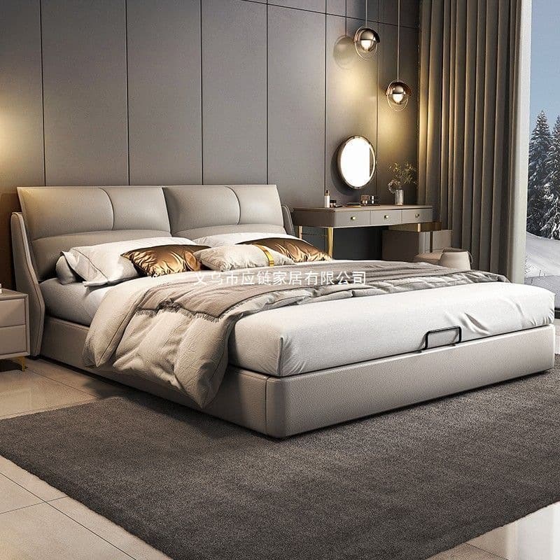 Nordic light luxury thick Napa leather simplicity, modern double bed bedroom big bed, big bed new leather bed 2