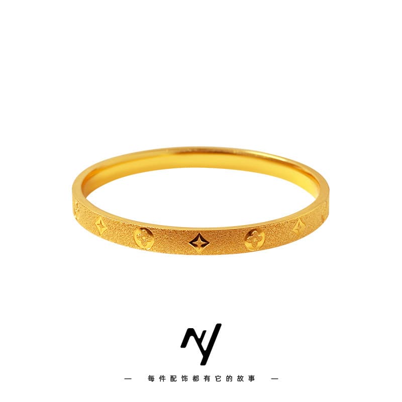 Niyou 24k real gold electroplated sand gold CNC old money style four-leaf clover old flower bracelet ring women's gift wholesale 5