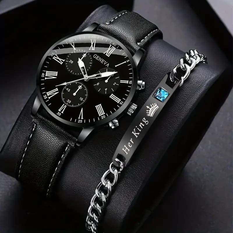 GENEVA men's belt watch ultra-thin simple business watch set men's one piece drop shipping cross-border hot sale