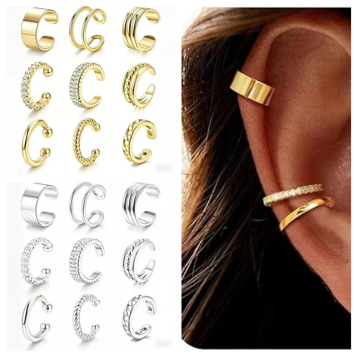 Amazon's best-selling non-perforated 9-piece set of ear clips silver round hoop type non-perforated ear clips adjustable ear bone clips