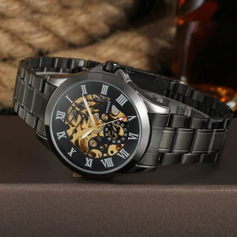 winner Mechanical steel belt, skeleton, automatic men's watch, fully automatic