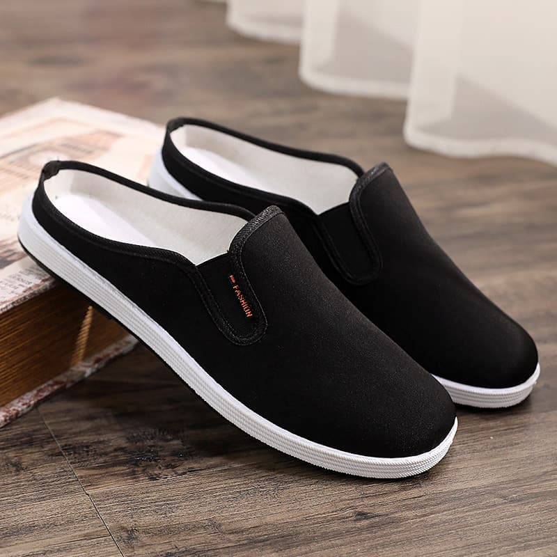 Summer old Beijing cloth slippers for men, breathable and comfortable casual shoes for outer wear, heelless, lazy half-cup men's shoes, one-legged shoes