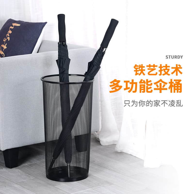 Umbrella, metal garbage can, storage system with umbrella holder