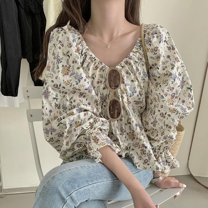 Korean design-soft floral one-shoulder drawstring design-sensory top for women looking slim and sweet shirt in summer