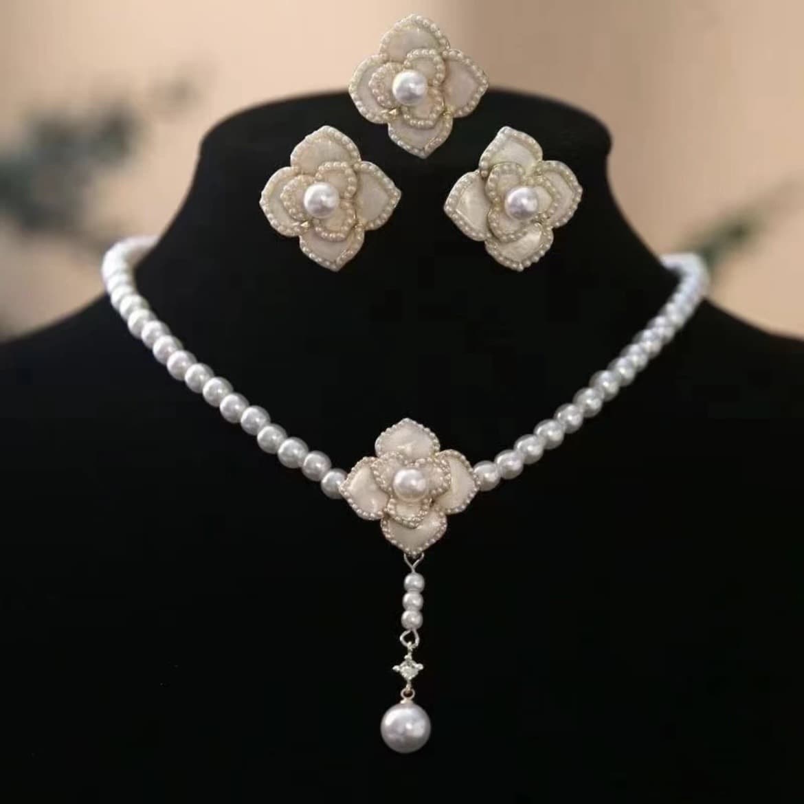 Retro necklace from pearl, mountain tea, chain for key bag for bride, wedding dress, evening dress, set, french style, 3 piece set