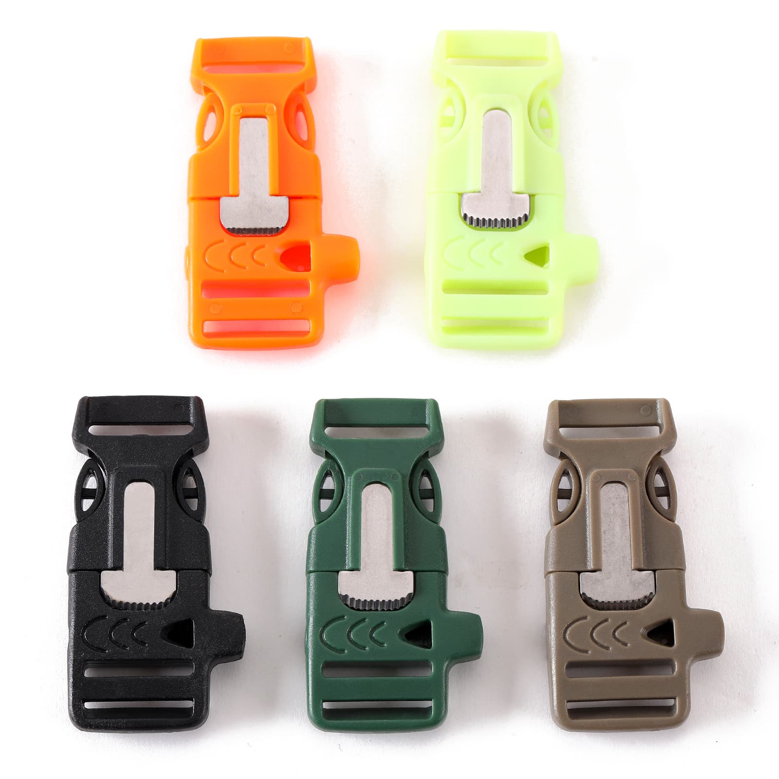 Universal travel tools set with clasp, lighter, whistle, woven plastic bracelet