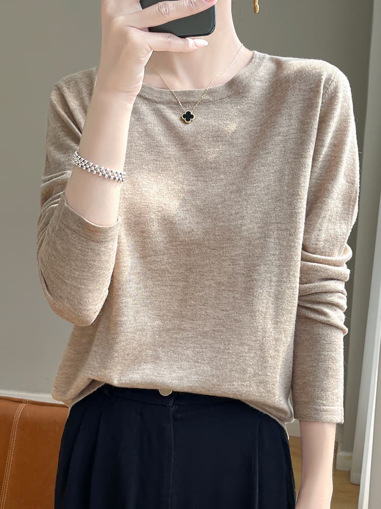 Woolen thin sweater with a round collar, spring silk long-sleeve, base body-friendly T-shirt, oversize