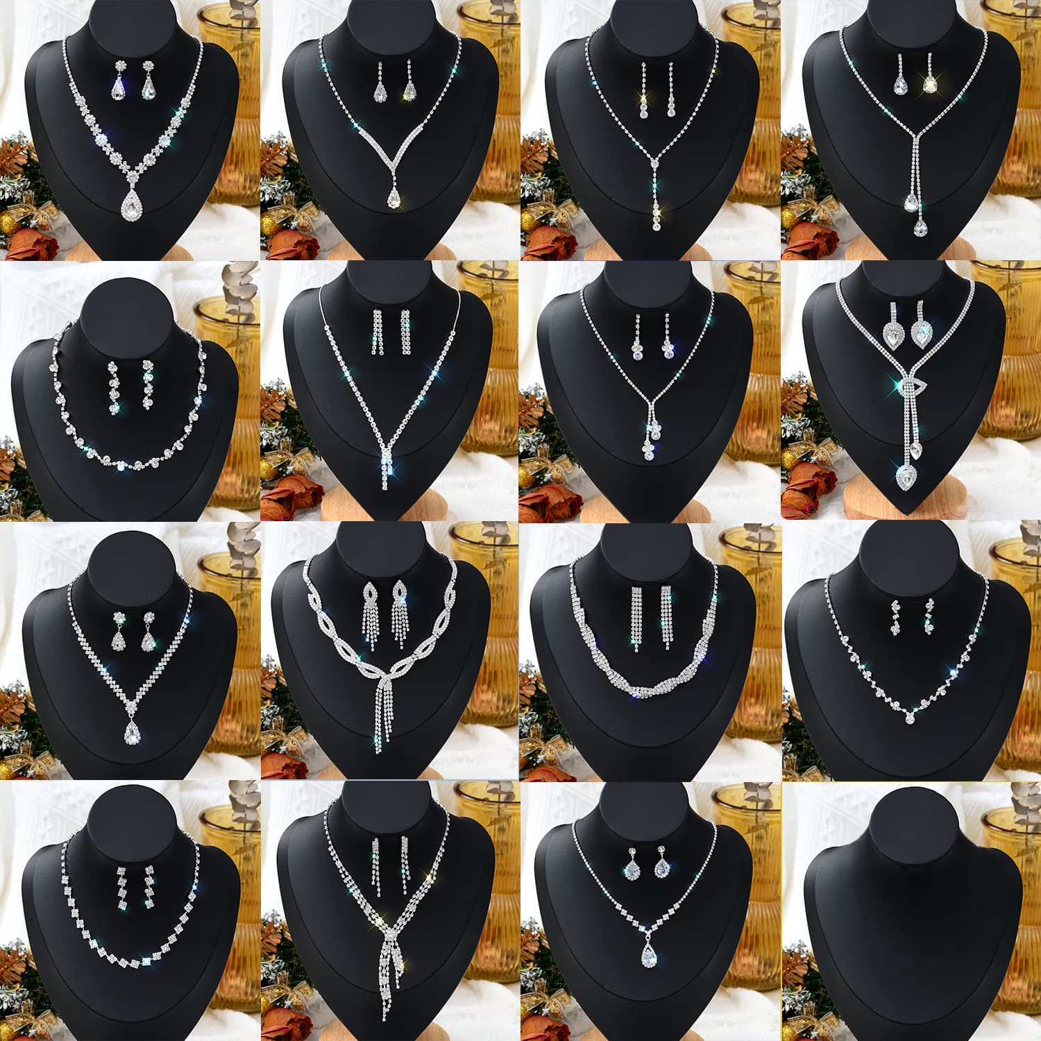 Necklace and earrings for bride, fashionable accessory, chain, dress, set, diamond encrusted