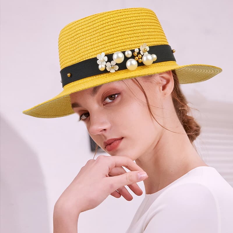 Travel summer fashionable beach sun hat pearl, flowered, European style