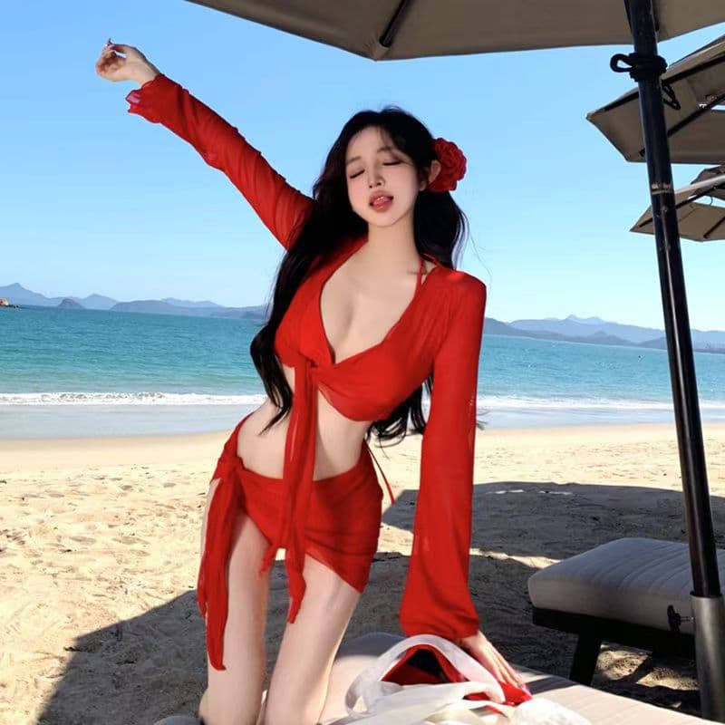 Red sexy swimwear, set, long-sleeve, 4 piece set