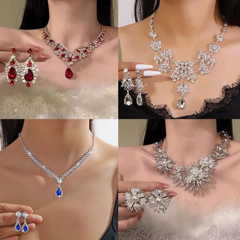 (Cross-border trading), red earrings drop-shaped, necklace, chain, set, accessory for bride, light luxury style, high-quality style