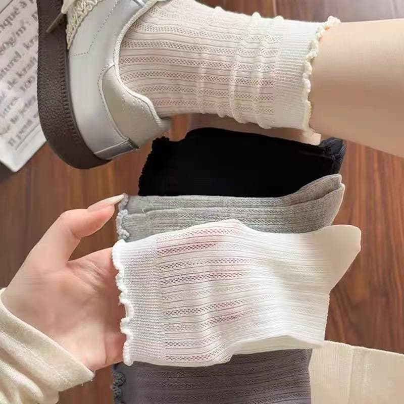 Summer thin socks for women solid color hollow mesh socks white deodorant breathable girls lace pile socks