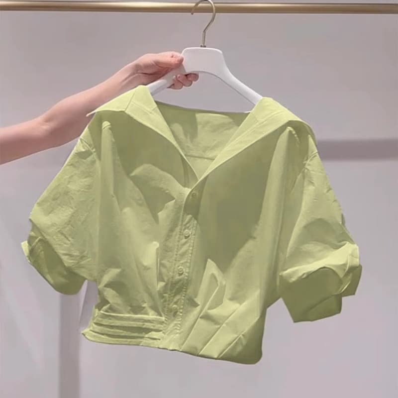 Green summer cute short shirt, with short sleeve, 2025 years, for teenagers