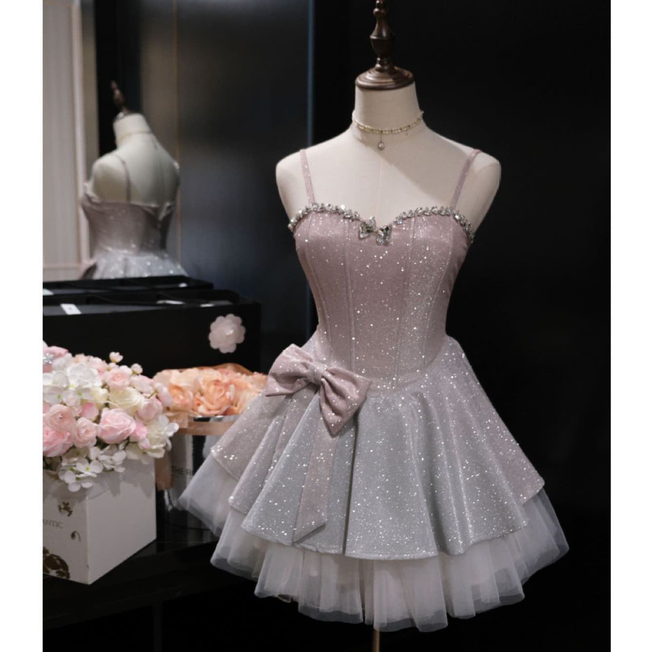 Short elite evening dress, french style, lifting effect, gradient, graduation party